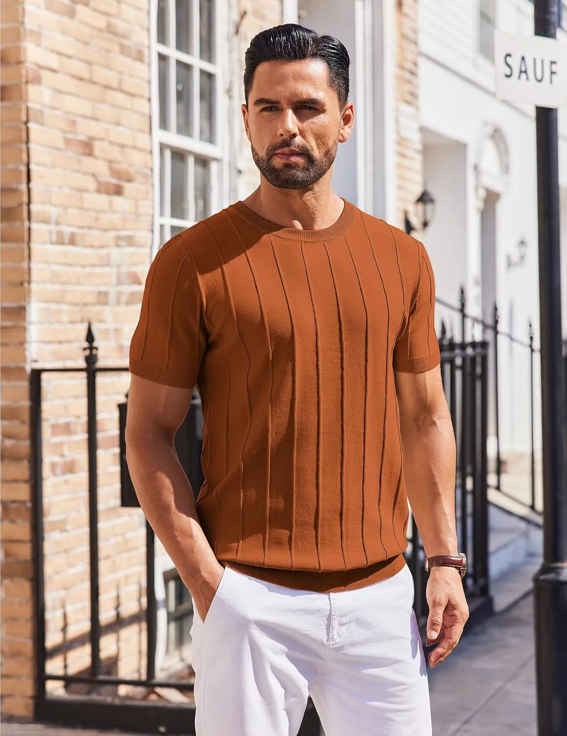 COOFANDY Men's T- Shirts Short Sleeve Knit Sweater Shirt Casual Crewneck Ribbed Pullover Tees
