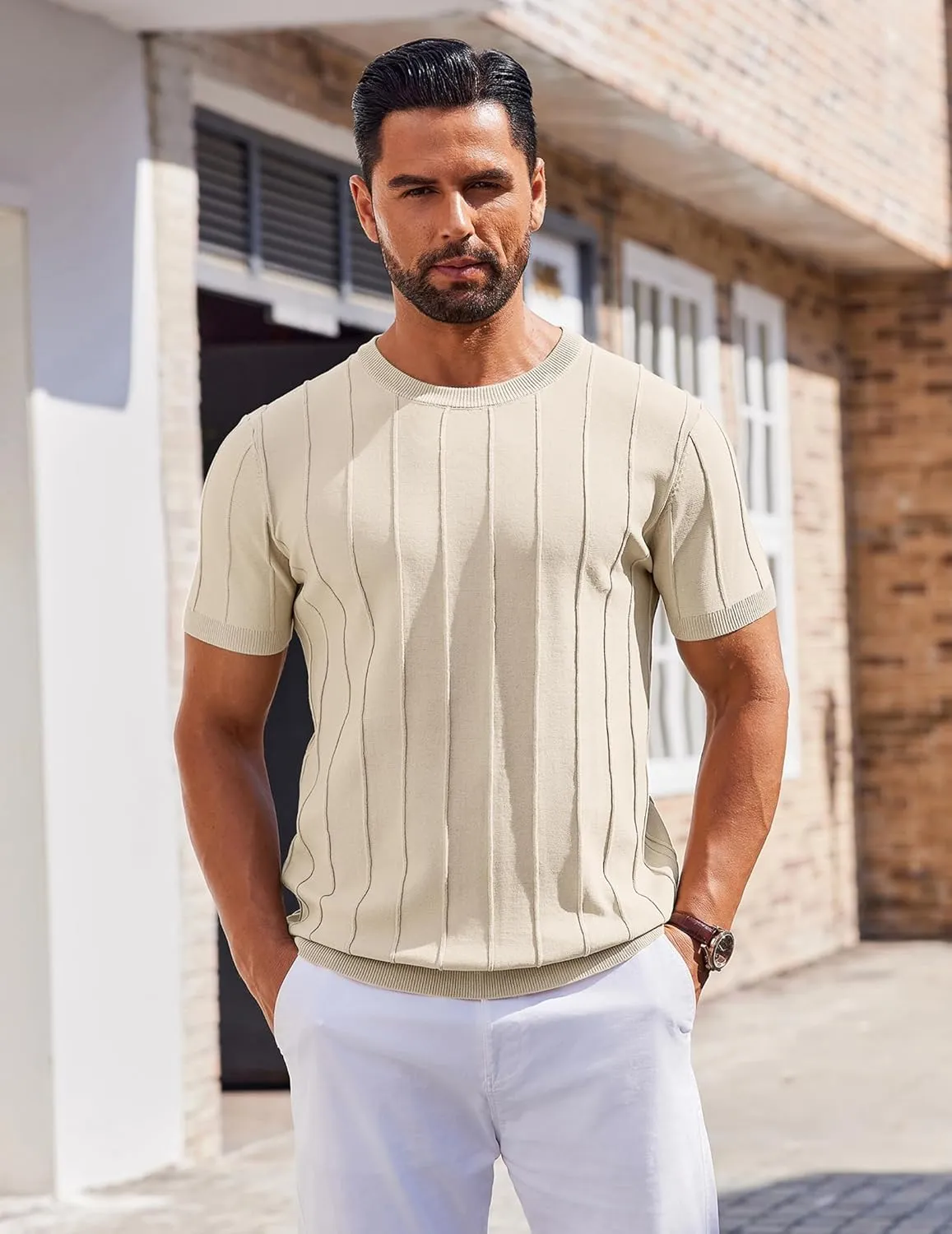 COOFANDY Men's T- Shirts Short Sleeve Knit Sweater Shirt Casual Crewneck Ribbed Pullover Tees
