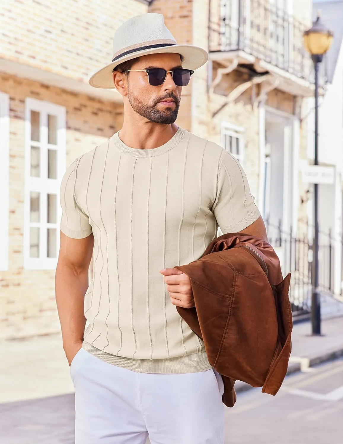 COOFANDY Men's T- Shirts Short Sleeve Knit Sweater Shirt Casual Crewneck Ribbed Pullover Tees