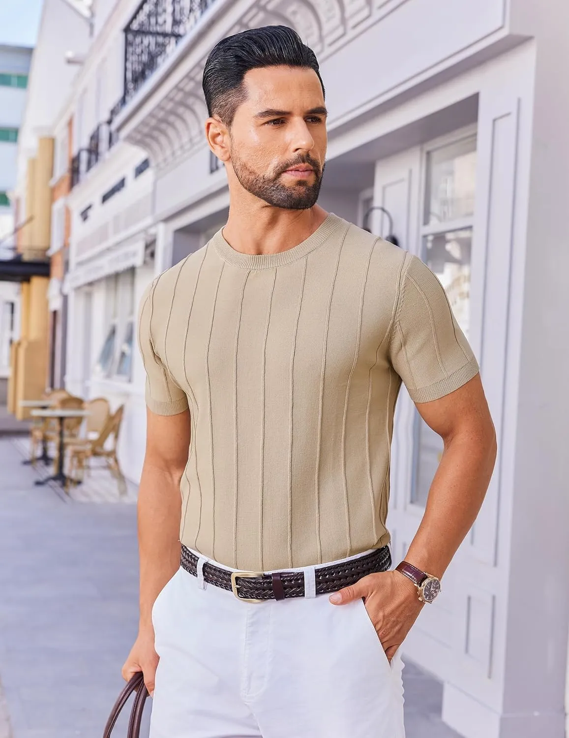 COOFANDY Men's T- Shirts Short Sleeve Knit Sweater Shirt Casual Crewneck Ribbed Pullover Tees