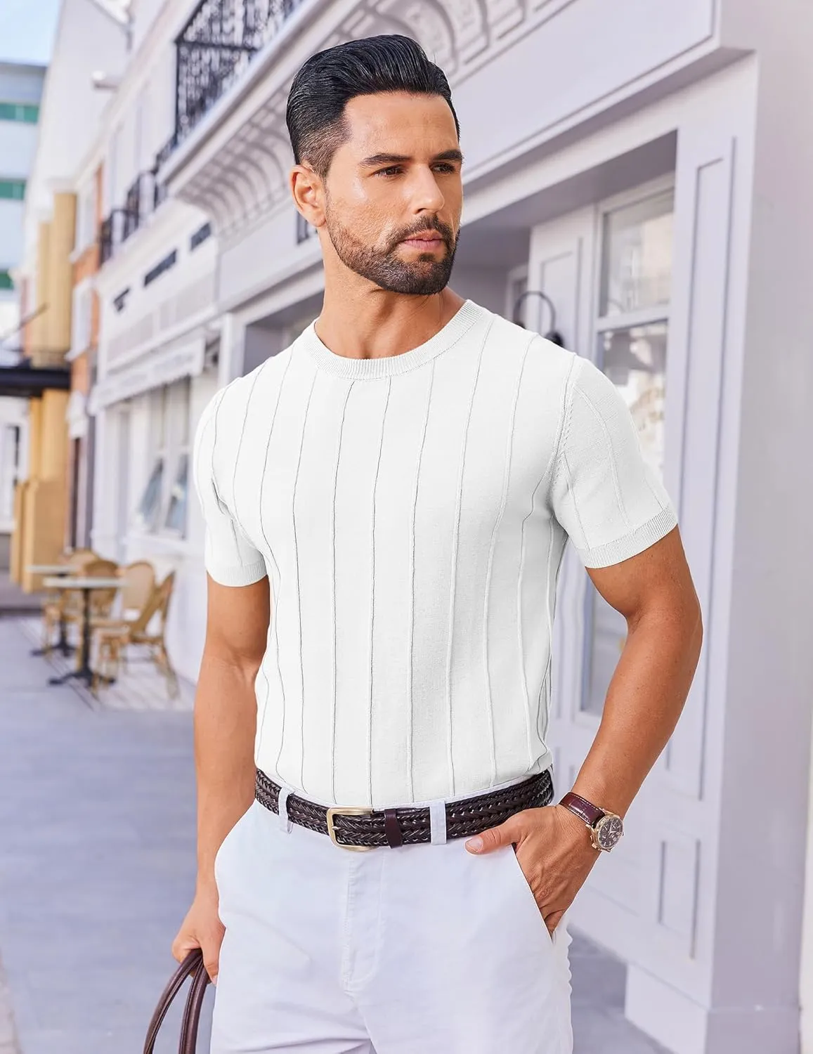 COOFANDY Men's T- Shirts Short Sleeve Knit Sweater Shirt Casual Crewneck Ribbed Pullover Tees