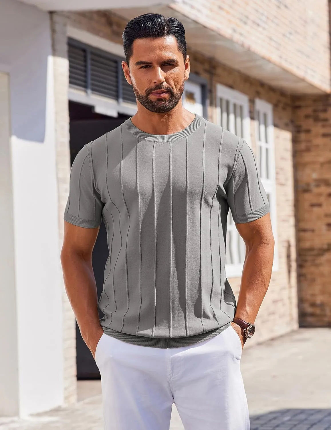 COOFANDY Men's T- Shirts Short Sleeve Knit Sweater Shirt Casual Crewneck Ribbed Pullover Tees