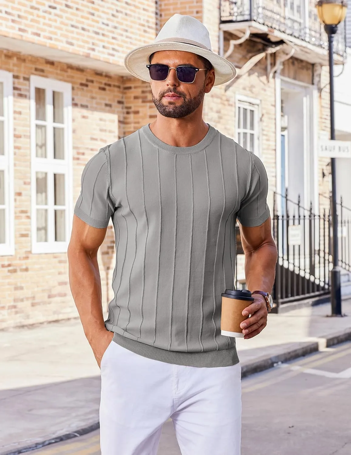 COOFANDY Men's T- Shirts Short Sleeve Knit Sweater Shirt Casual Crewneck Ribbed Pullover Tees