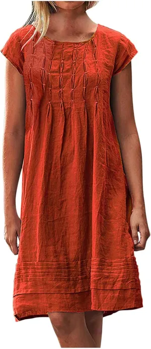 Cotton and Linen Dresses for Women Casual Summer 2023 Loose Cap Sleeve Square Neck Comfy Midi t-Shirt Sun Dress