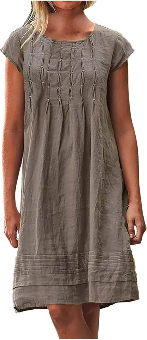 Cotton and Linen Dresses for Women Casual Summer 2023 Loose Cap Sleeve Square Neck Comfy Midi t-Shirt Sun Dress