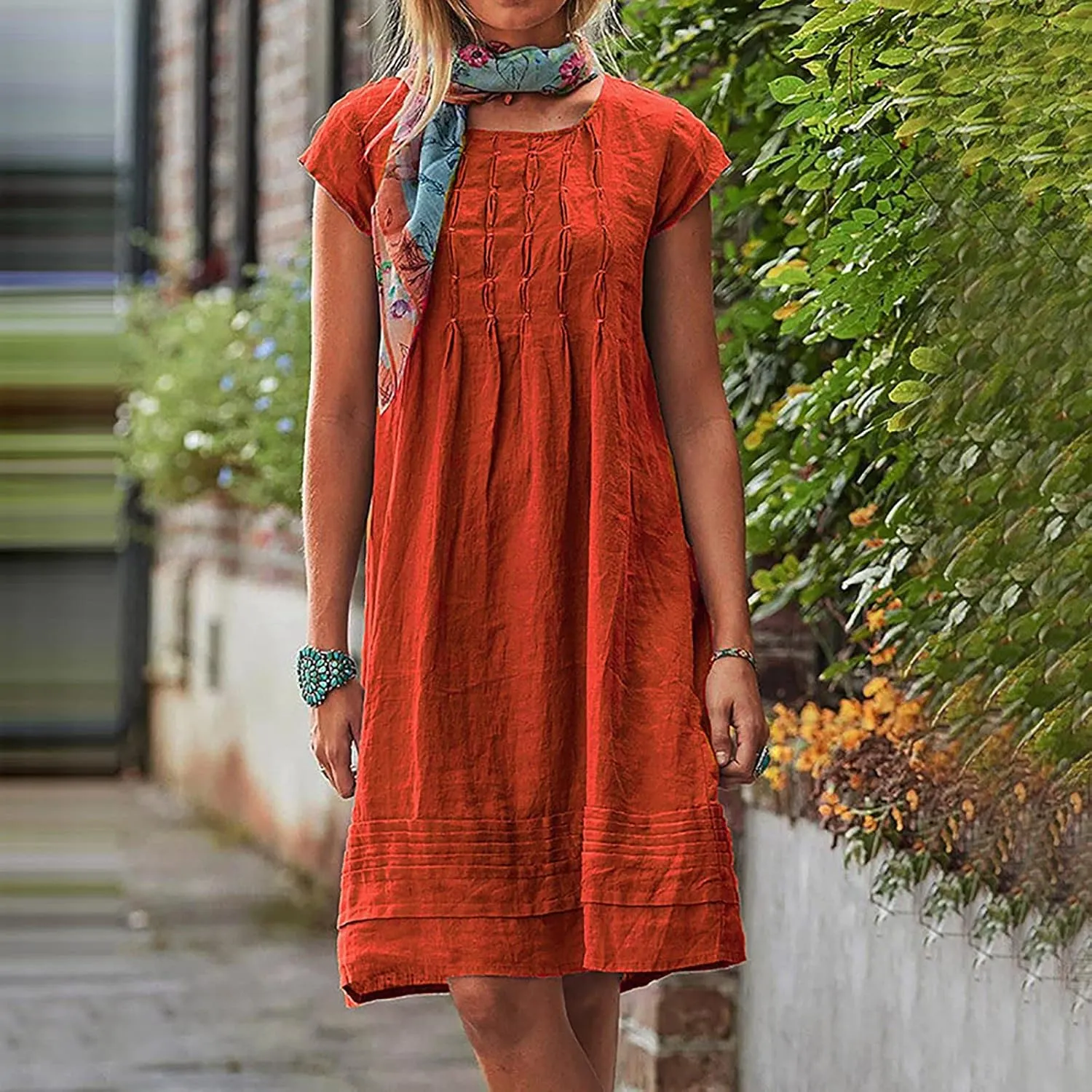 Cotton and Linen Dresses for Women Casual Summer 2023 Loose Cap Sleeve Square Neck Comfy Midi t-Shirt Sun Dress
