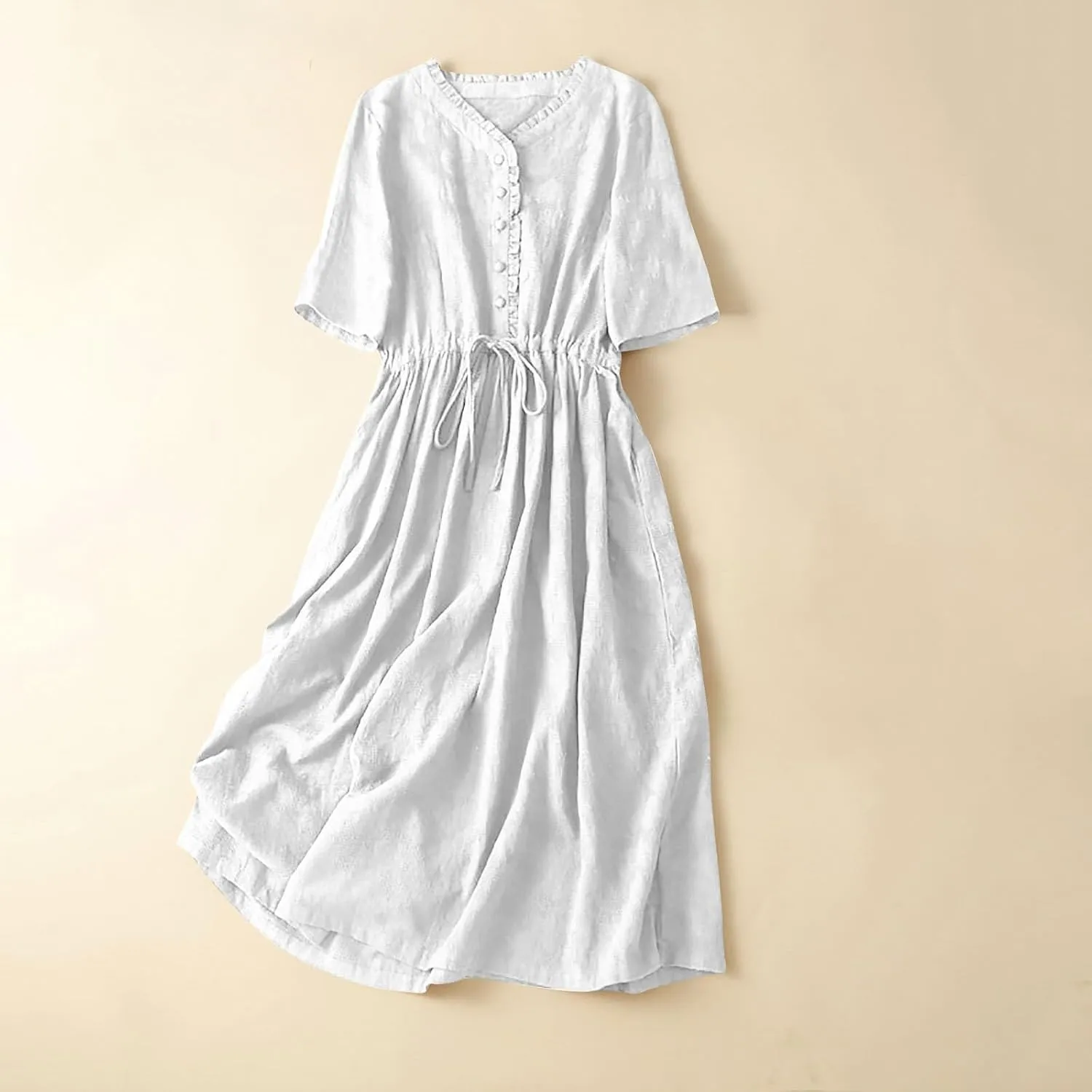 Cotton Linen Dresses for Women Summer Embroidered Sleeve A Line Comfy Cotton Maxi Dress Trendy Summer Vacation Clothes