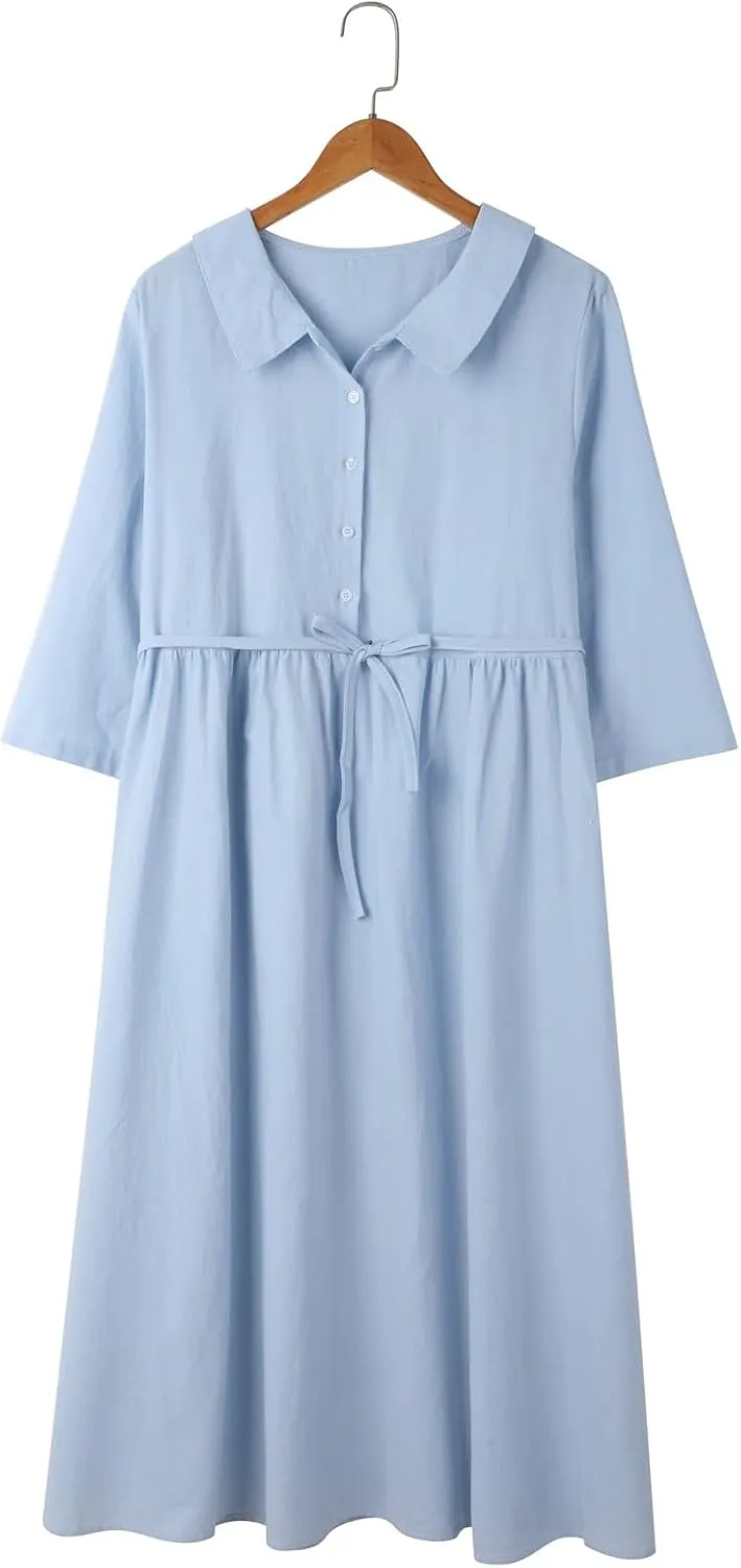 Cotton Linen Dresses for Women Summer Embroidered Sleeve A Line Comfy Cotton Maxi Dress Trendy Summer Vacation Clothes