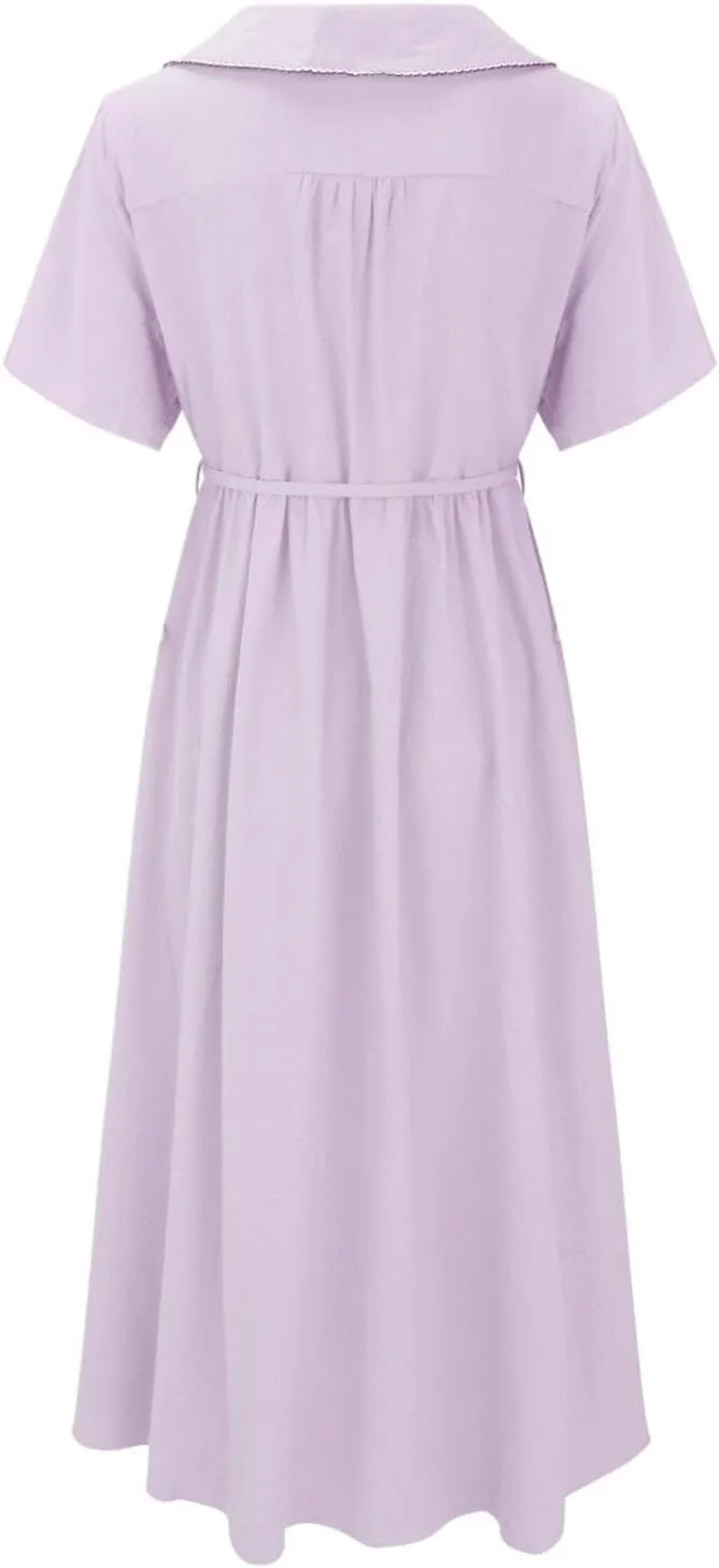 Cotton Linen Dresses for Women Summer Embroidered Sleeve A Line Comfy Cotton Maxi Dress Trendy Summer Vacation Clothes