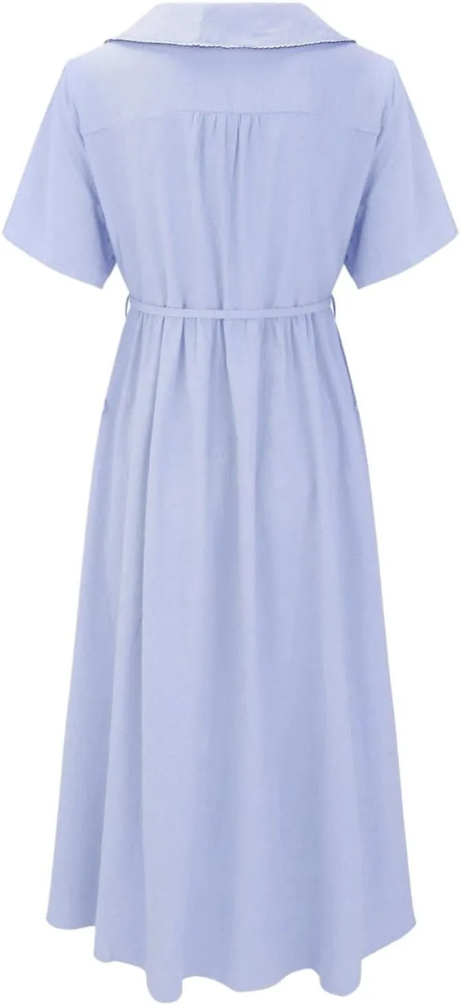 Cotton Linen Dresses for Women Summer Embroidered Sleeve A Line Comfy Cotton Maxi Dress Trendy Summer Vacation Clothes