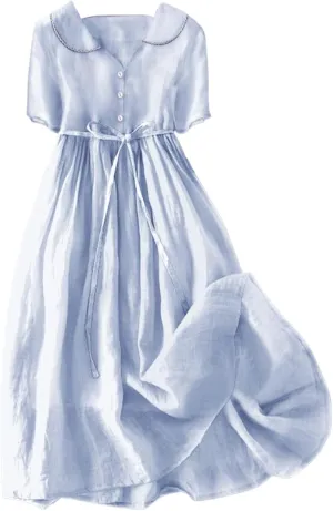 Cotton Linen Dresses for Women Summer Embroidered Sleeve A Line Comfy Cotton Maxi Dress Trendy Summer Vacation Clothes