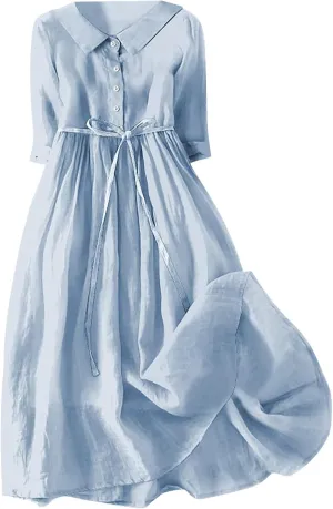 Cotton Linen Dresses for Women Summer Embroidered Sleeve A Line Comfy Cotton Maxi Dress Trendy Summer Vacation Clothes