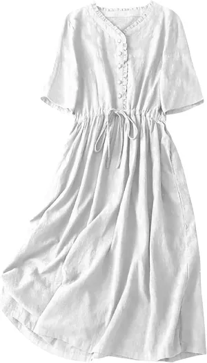 Cotton Linen Dresses for Women Summer Embroidered Sleeve A Line Comfy Cotton Maxi Dress Trendy Summer Vacation Clothes