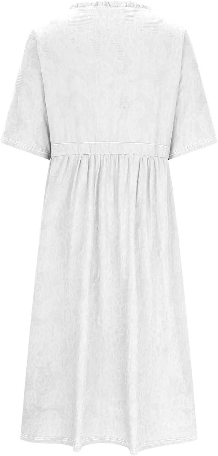 Cotton Linen Dresses for Women Summer Embroidered Sleeve A Line Comfy Cotton Maxi Dress Trendy Summer Vacation Clothes