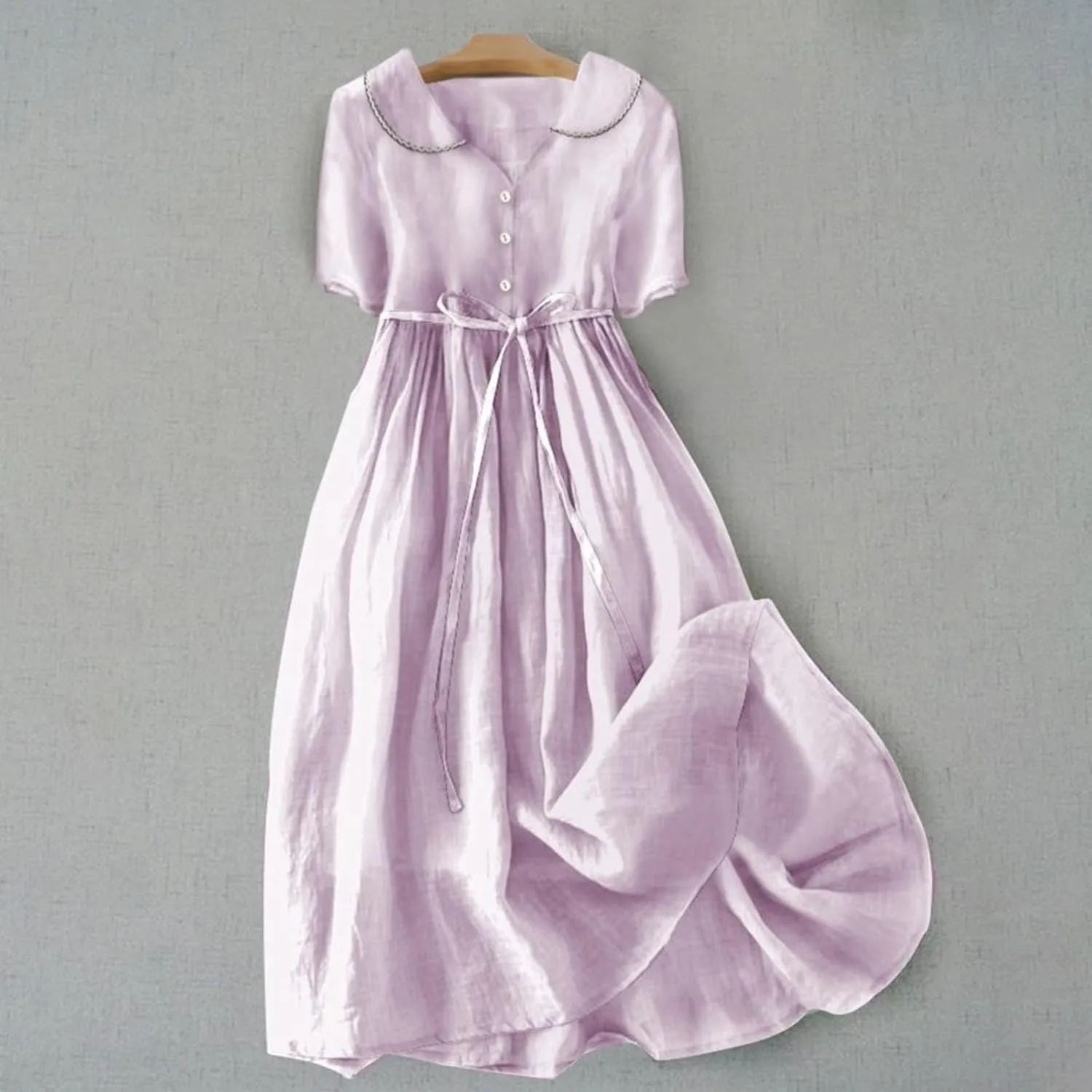 Cotton Linen Dresses for Women Summer Embroidered Sleeve A Line Comfy Cotton Maxi Dress Trendy Summer Vacation Clothes