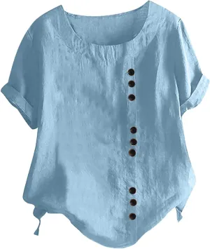 Cotton T Shirts Women Short Sleeve Crewneck Button Down Cotton Linen Blouses Causal Dressy Summer Beach Tops Pullover