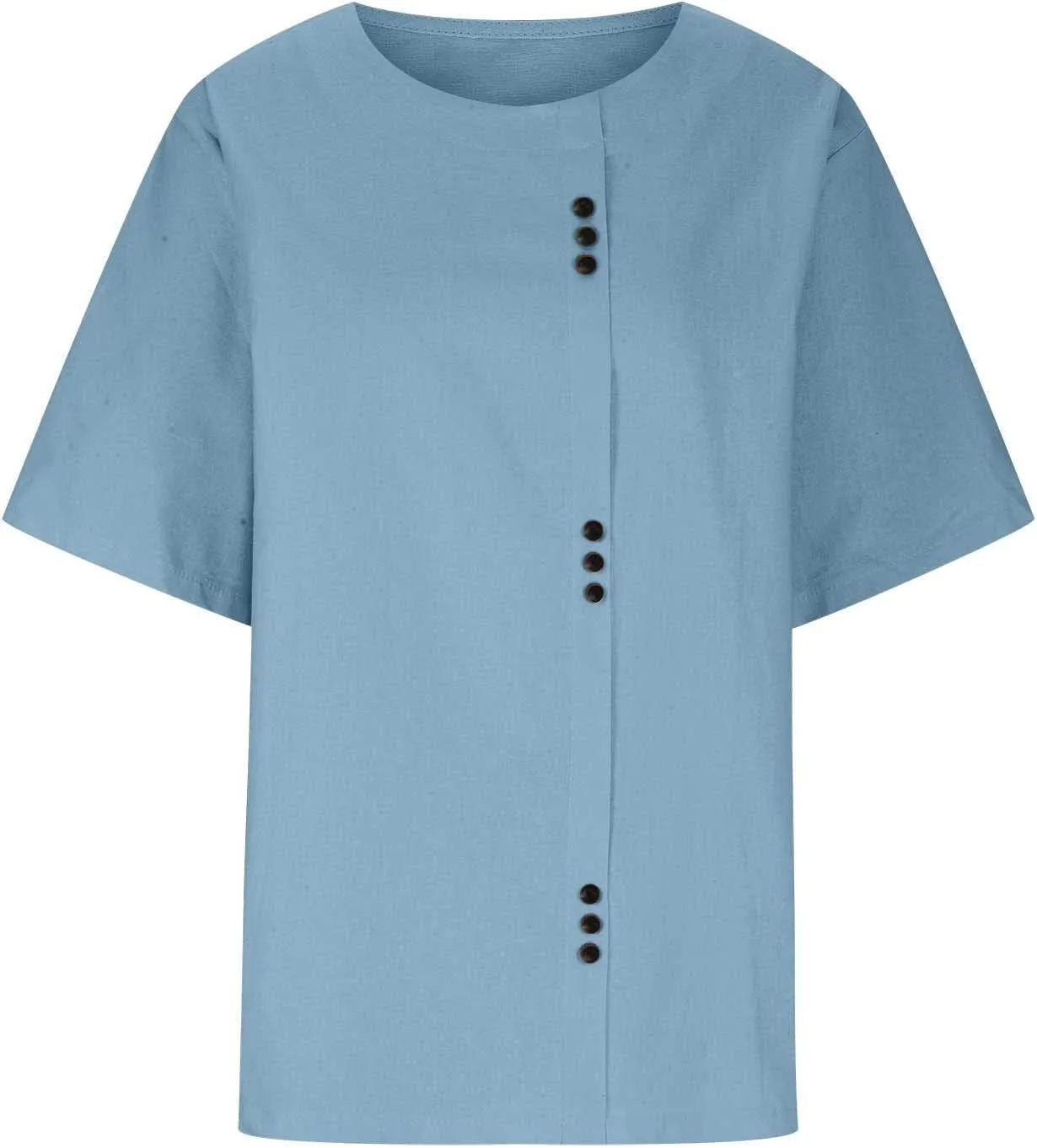 Cotton T Shirts Women Short Sleeve Crewneck Button Down Cotton Linen Blouses Causal Dressy Summer Beach Tops Pullover