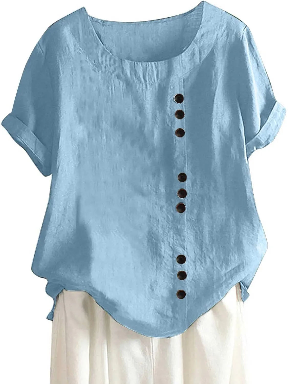 Cotton T Shirts Women Short Sleeve Crewneck Button Down Cotton Linen Blouses Causal Dressy Summer Beach Tops Pullover