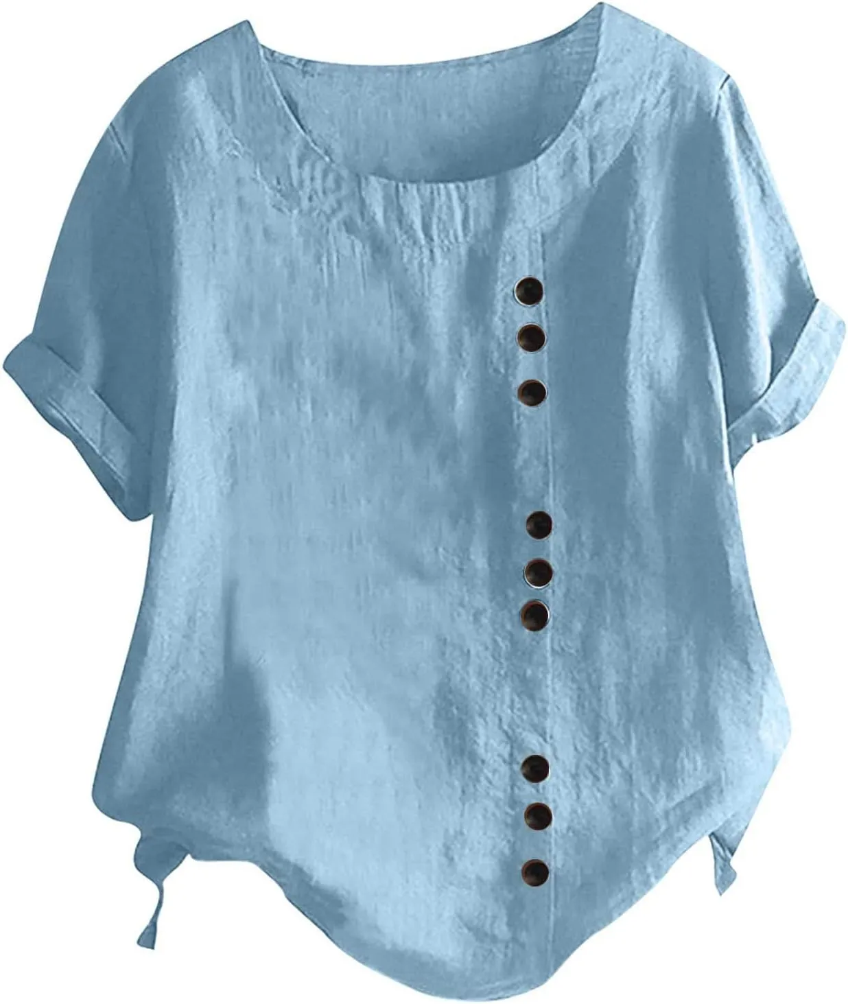 Cotton T Shirts Women Short Sleeve Crewneck Button Down Cotton Linen Blouses Causal Dressy Summer Beach Tops Pullover