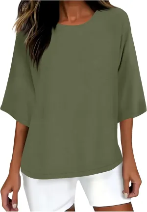 Cotton Tshirts for Women Casual Linen Tops Loose Fit Half Sleeve Plain Shirts Soft Crewneck Summer Cotton Linen Tops