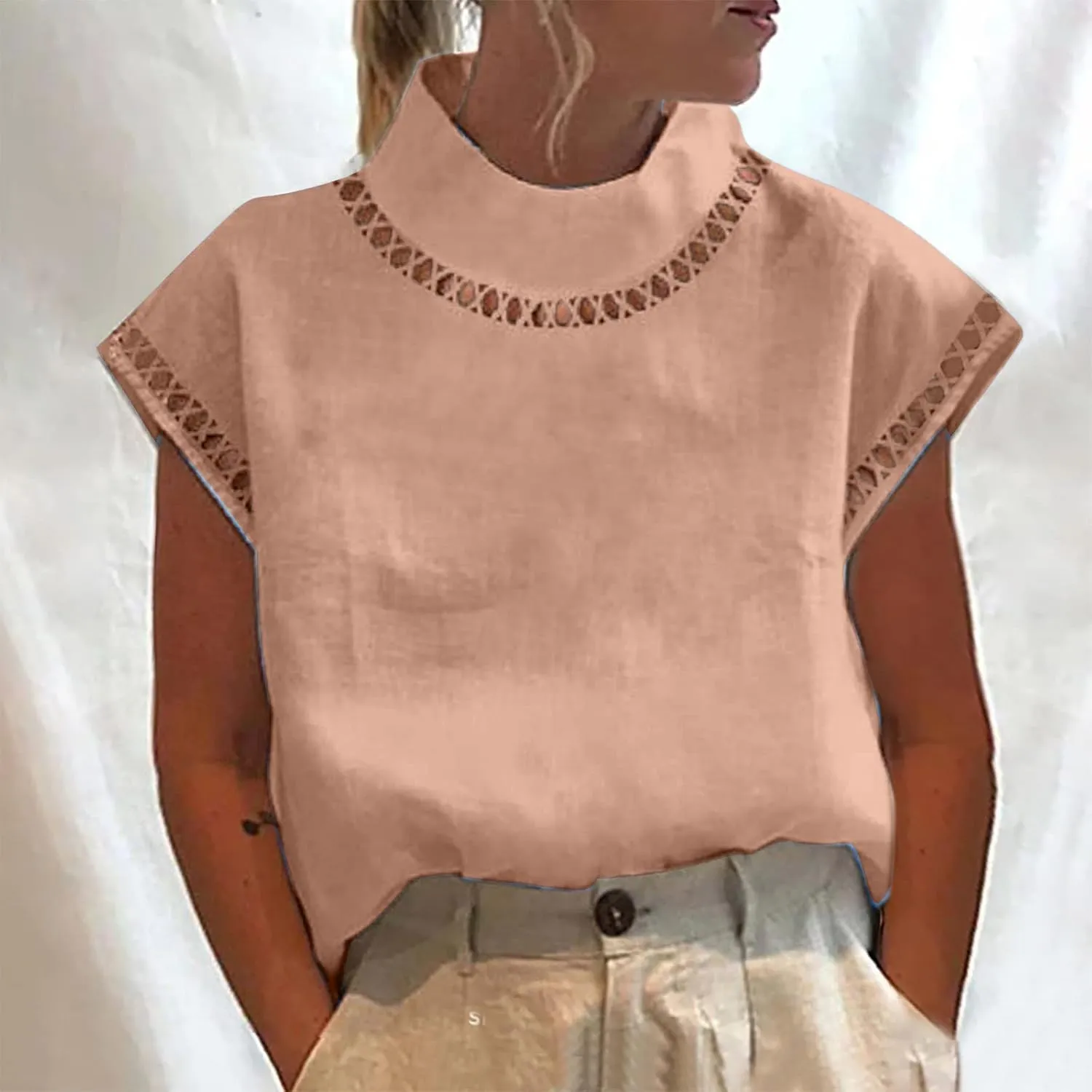 Cotton Tshirts for Women Elegant Cap Sleeve Solid Cotton Linen Tops Summer Fashion Blouse Going Out Trendy Clothes