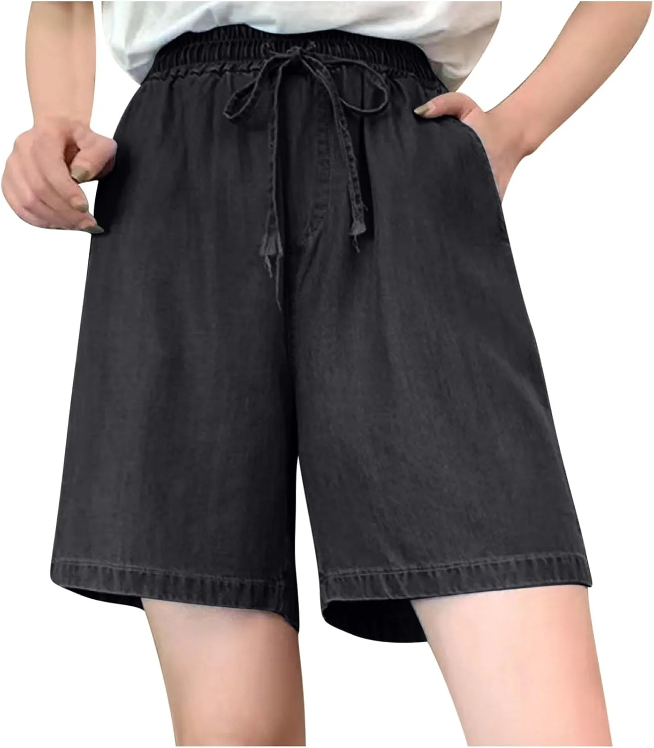 Denim Shorts Women High Waisted Wide Leg Bermuda Shorts Elastic Waist Drawstring Lounge Shorts Casual Summer Shorts