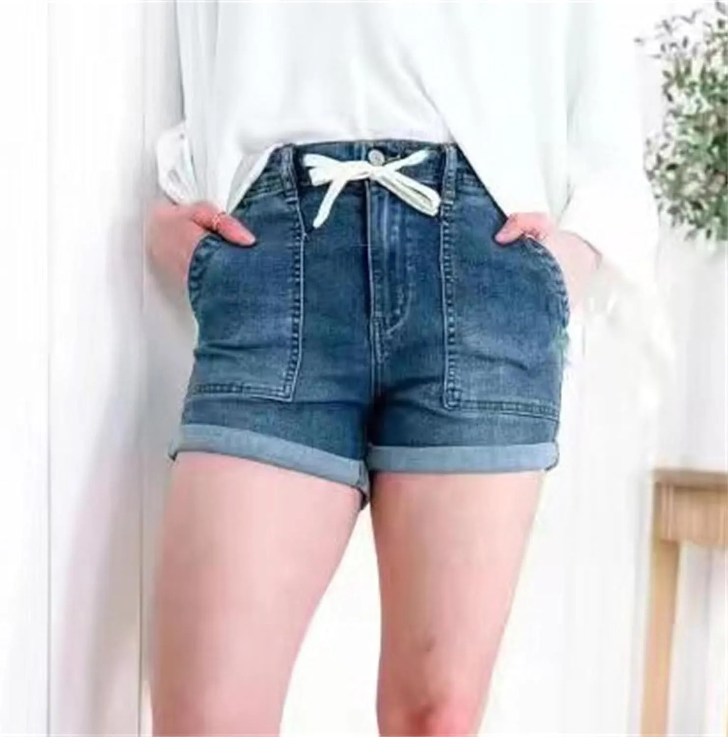 Distressed Jean Shorts Women Drawstring High Waisted Fashion Cargo Denim Shorts Casual Plus Size Loose Summer Shorts