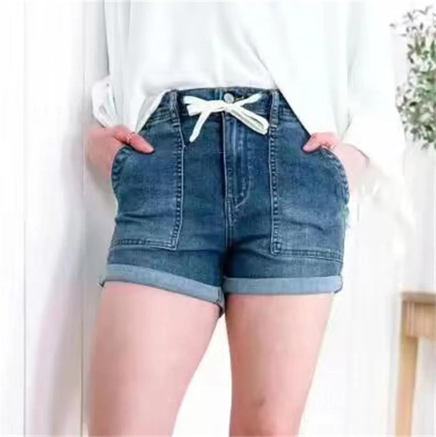 Distressed Jean Shorts Women Drawstring High Waisted Fashion Cargo Denim Shorts Casual Plus Size Loose Summer Shorts