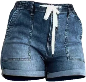 Distressed Jean Shorts Women Drawstring High Waisted Fashion Cargo Denim Shorts Casual Plus Size Loose Summer Shorts