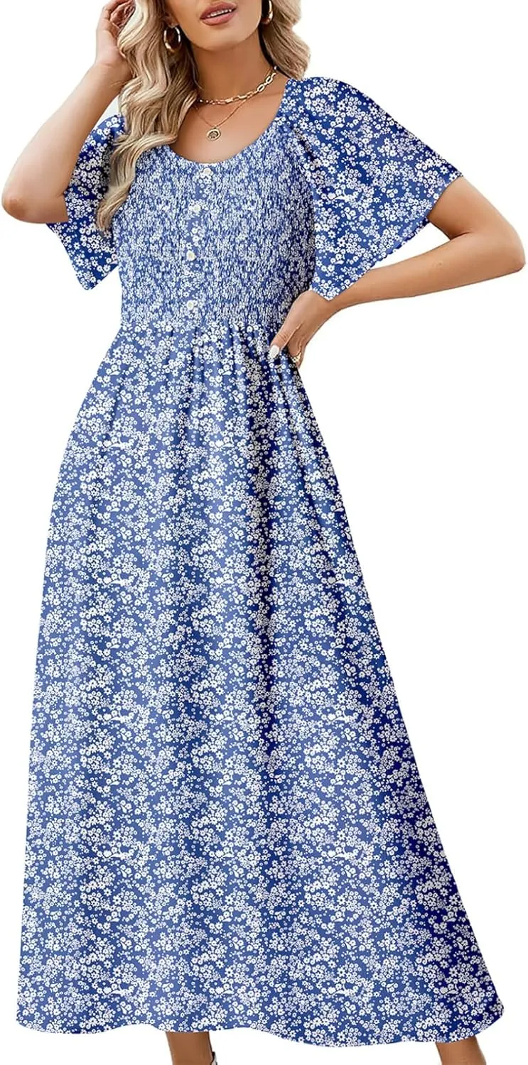 Dokotoo Womens Dresses 2025 Square Neck Tie Backless Summer Dresses Cap Sleeve Floral Buttoned Empire Waist Maxi Dress