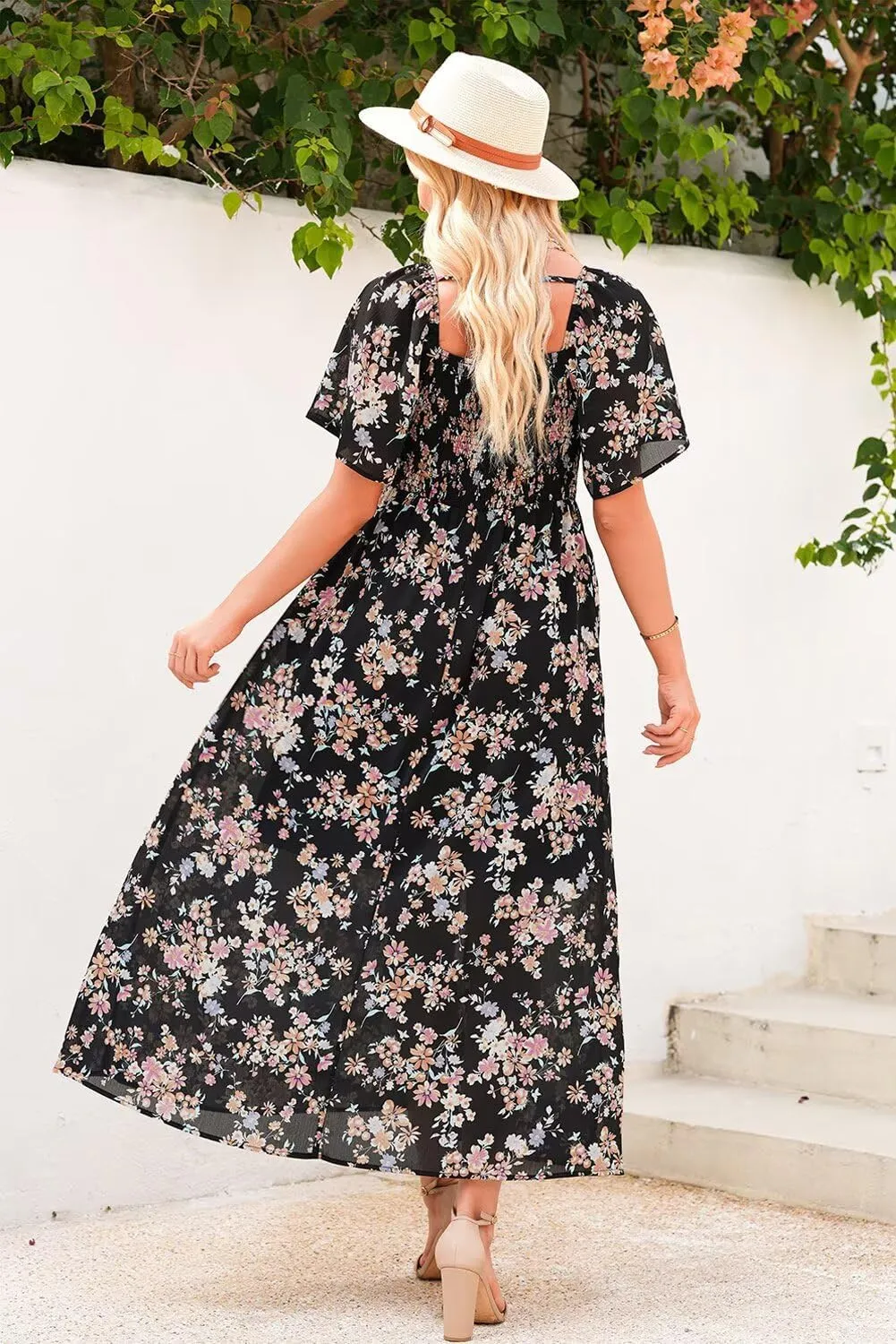 Dokotoo Womens Dresses 2025 Square Neck Tie Backless Summer Dresses Cap Sleeve Floral Buttoned Empire Waist Maxi Dress