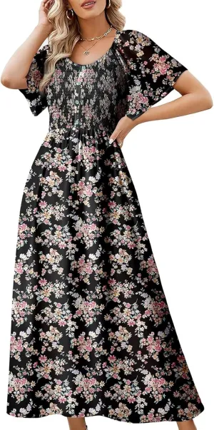 Dokotoo Womens Dresses 2025 Square Neck Tie Backless Summer Dresses Cap Sleeve Floral Buttoned Empire Waist Maxi Dress