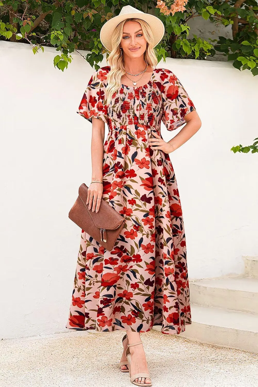 Dokotoo Womens Dresses 2025 Square Neck Tie Backless Summer Dresses Cap Sleeve Floral Buttoned Empire Waist Maxi Dress