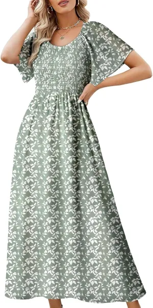 Dokotoo Womens Dresses 2025 Square Neck Tie Backless Summer Dresses Cap Sleeve Floral Buttoned Empire Waist Maxi Dress