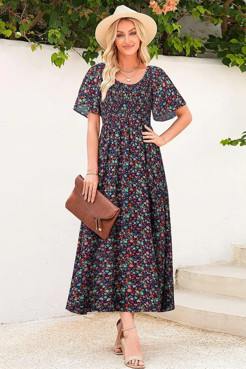 Dokotoo Womens Dresses 2025 Square Neck Tie Backless Summer Dresses Cap Sleeve Floral Buttoned Empire Waist Maxi Dress