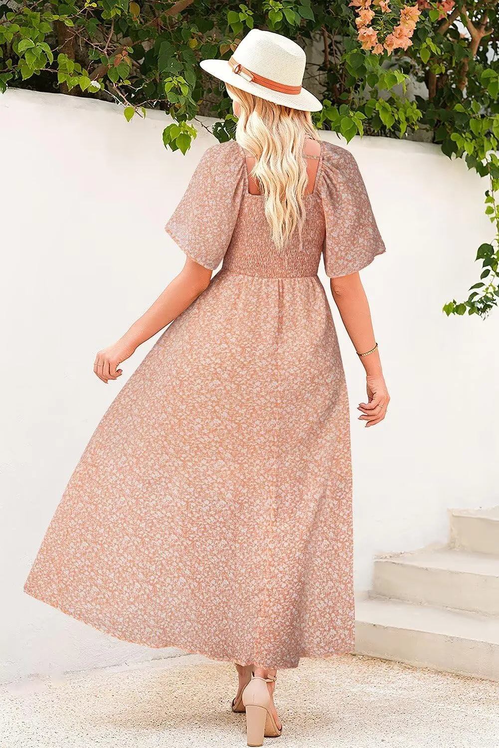 Dokotoo Womens Dresses 2025 Square Neck Tie Backless Summer Dresses Cap Sleeve Floral Buttoned Empire Waist Maxi Dress