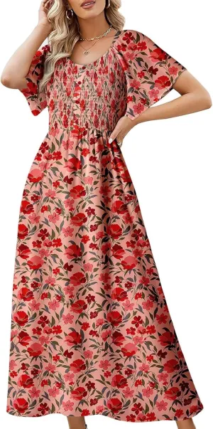 Dokotoo Womens Dresses 2025 Square Neck Tie Backless Summer Dresses Cap Sleeve Floral Buttoned Empire Waist Maxi Dress