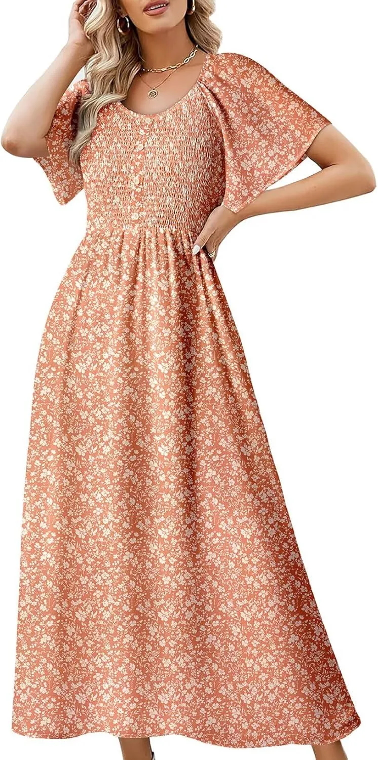 Dokotoo Womens Dresses 2025 Square Neck Tie Backless Summer Dresses Cap Sleeve Floral Buttoned Empire Waist Maxi Dress