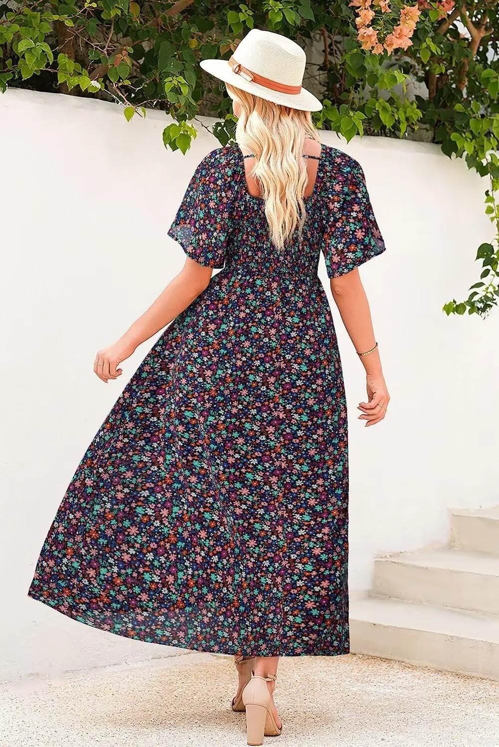 Dokotoo Womens Dresses 2025 Square Neck Tie Backless Summer Dresses Cap Sleeve Floral Buttoned Empire Waist Maxi Dress