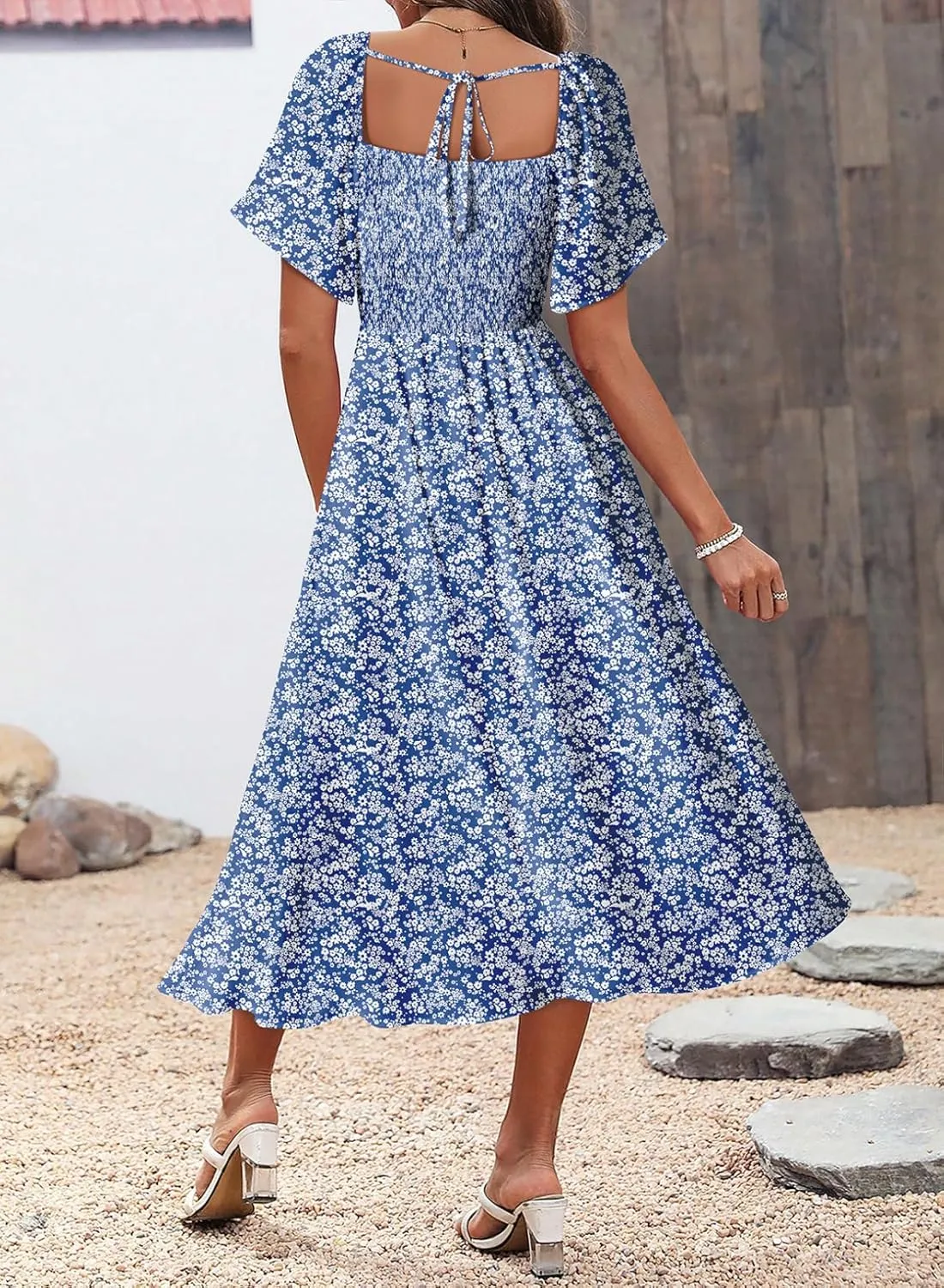 Dokotoo Womens Dresses 2025 Square Neck Tie Backless Summer Dresses Cap Sleeve Floral Buttoned Empire Waist Maxi Dress