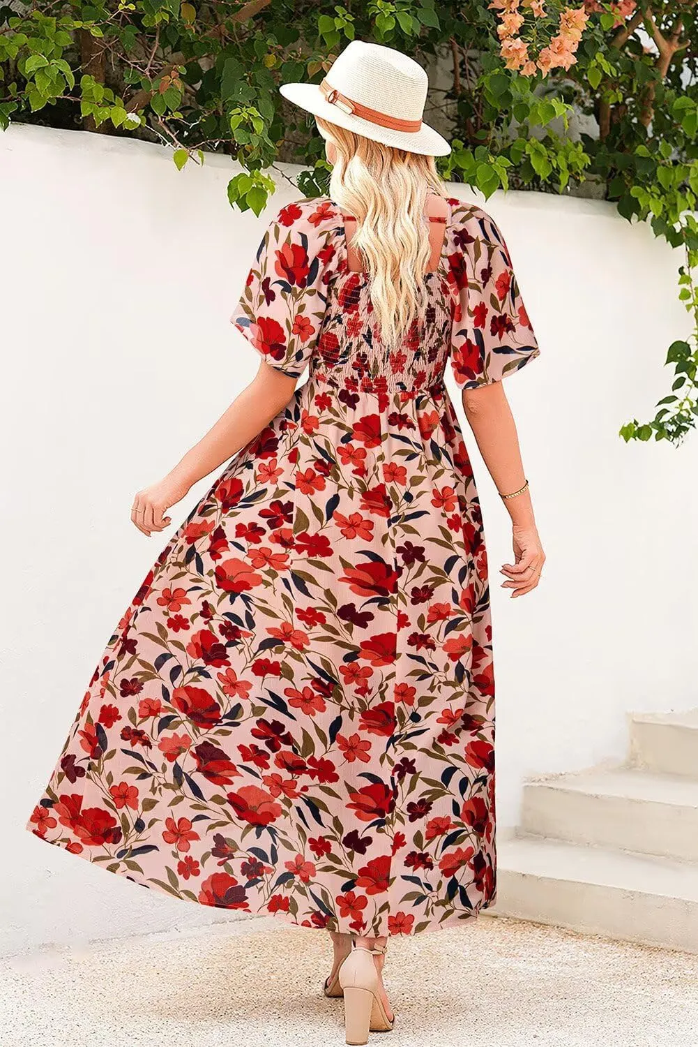 Dokotoo Womens Dresses 2025 Square Neck Tie Backless Summer Dresses Cap Sleeve Floral Buttoned Empire Waist Maxi Dress