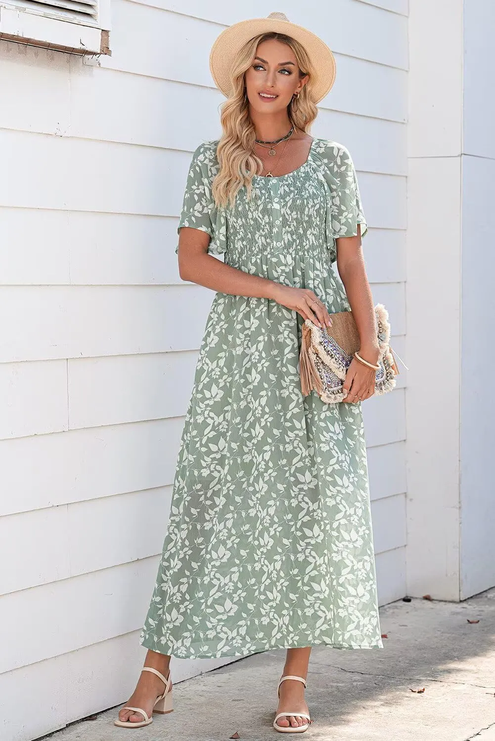 Dokotoo Womens Dresses 2025 Square Neck Tie Backless Summer Dresses Cap Sleeve Floral Buttoned Empire Waist Maxi Dress