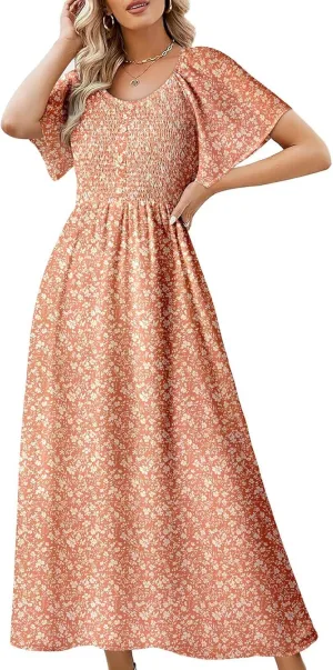 Dokotoo Womens Dresses 2025 Square Neck Tie Backless Summer Dresses Cap Sleeve Floral Buttoned Empire Waist Maxi Dress