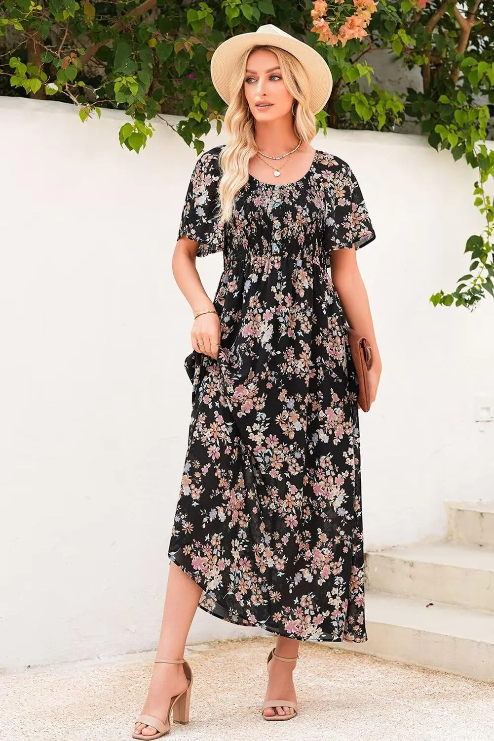 Dokotoo Womens Dresses 2025 Square Neck Tie Backless Summer Dresses Cap Sleeve Floral Buttoned Empire Waist Maxi Dress