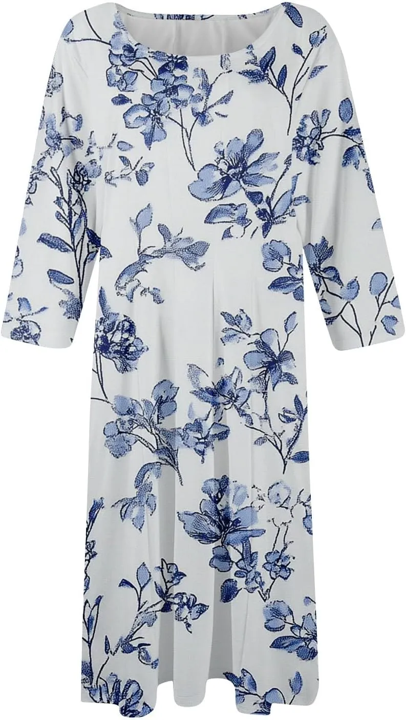 Dress for Women 3/4 Sleeve Spring Wrap Dress Empire Waist Floral Fitted Dresses Summer Cute Flowy Dresses with Pocket