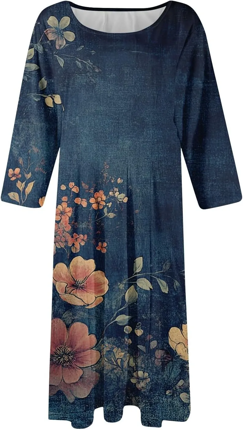 Dress for Women 3/4 Sleeve Spring Wrap Dress Empire Waist Floral Fitted Dresses Summer Cute Flowy Dresses with Pocket