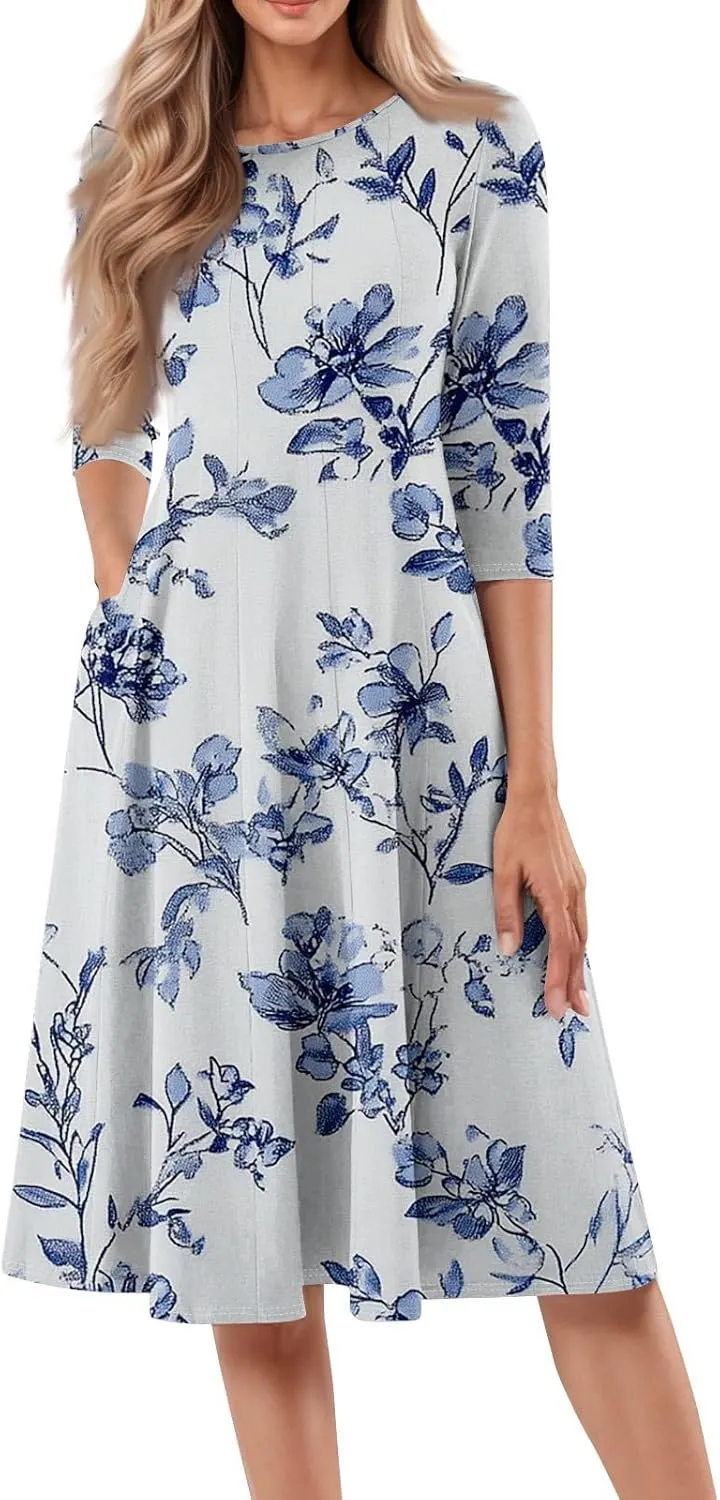 Dress for Women 3/4 Sleeve Spring Wrap Dress Empire Waist Floral Fitted Dresses Summer Cute Flowy Dresses with Pocket