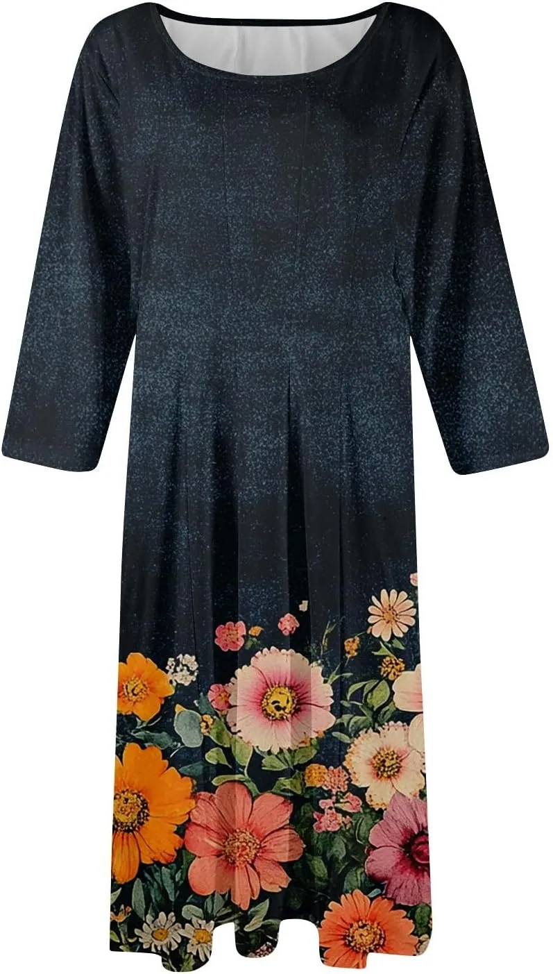Dress for Women 3/4 Sleeve Spring Wrap Dress Empire Waist Floral Fitted Dresses Summer Cute Flowy Dresses with Pocket