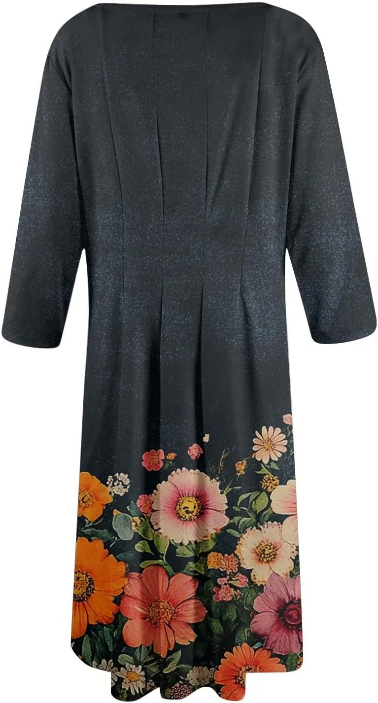 Dress for Women 3/4 Sleeve Spring Wrap Dress Empire Waist Floral Fitted Dresses Summer Cute Flowy Dresses with Pocket