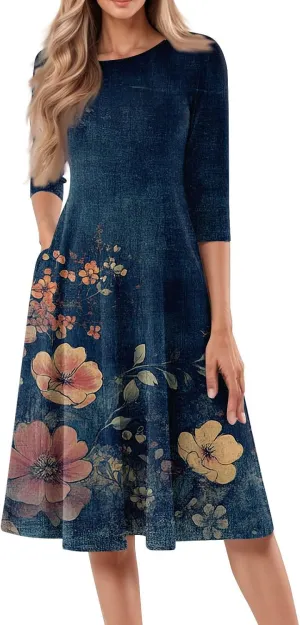 Dress for Women 3/4 Sleeve Spring Wrap Dress Empire Waist Floral Fitted Dresses Summer Cute Flowy Dresses with Pocket
